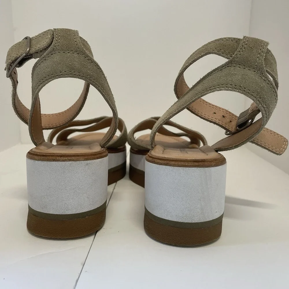 Lucky Brand Suede Wedge Platform Sandal Size‎ 8.5 Tarhi Olive Green Brown Whit